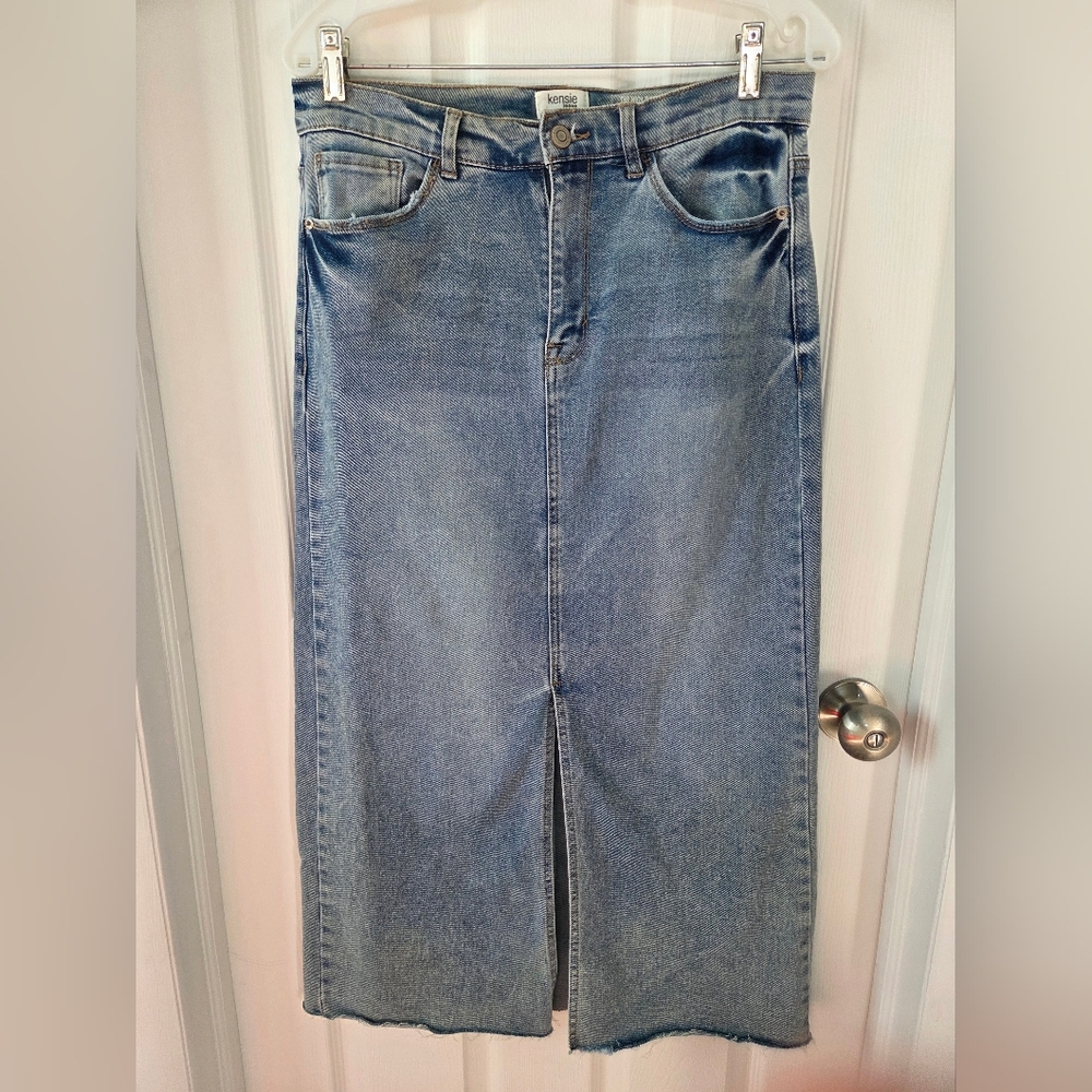 Kensie Women's Blue Denim High Waist Midi Skirt Sz 8